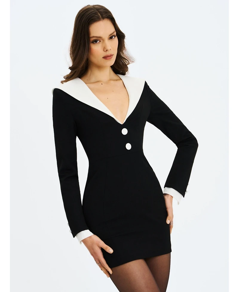Miss Circle Women's Heather Black Collared Decorative Button-Front Mini Dress