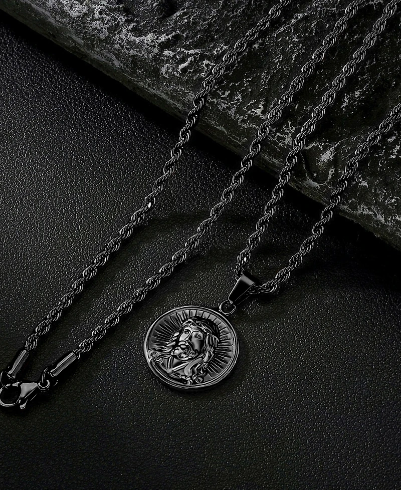 Rhona Sutton Men's Stainless Steel Black Plated Jesus Coin Pendant Necklace