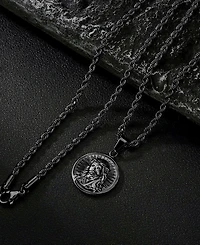 Rhona Sutton Men's Stainless Steel Black Plated Jesus Coin Pendant Necklace