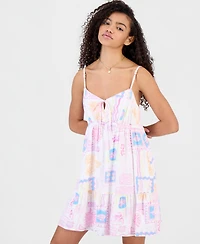 Hippie Rose Juniors' Printed Babydoll Tie-Front Mini Dress