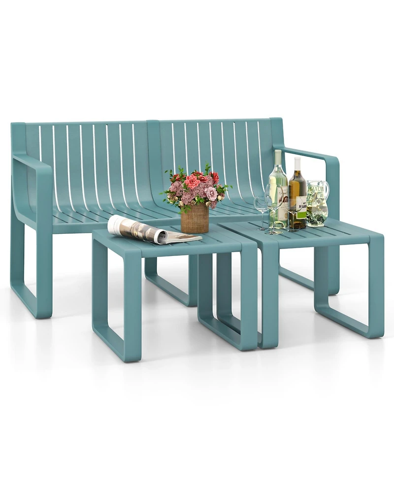 Gymax 3 Pcs Patio Furniture Set with 1 Loveseat & 2 Side Tables All-Weather Bistro Set