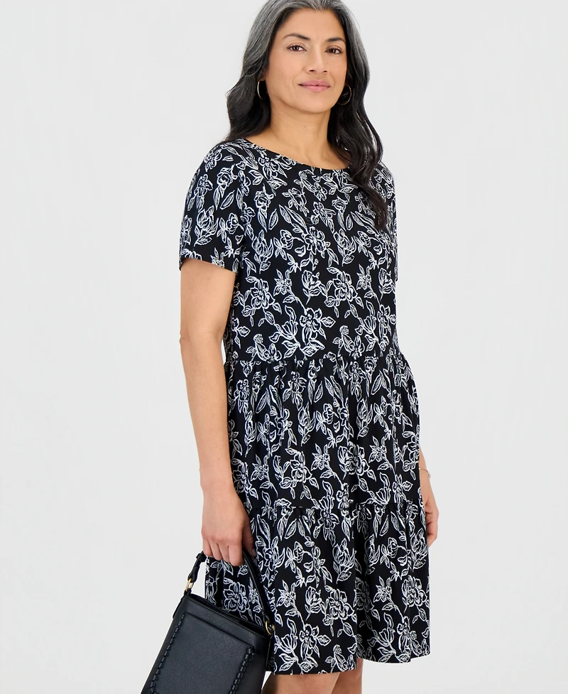 Style & Co Petite Printed Short-Sleeve Tiered Knit Dress, Macy's Exclusive