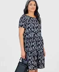 Style & Co Petite Printed Short-Sleeve Tiered Knit Dress, Macy's Exclusive