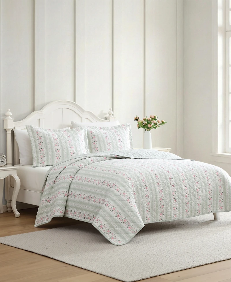 Laura Ashley Rosebud Stripe Reversible 3-Pc. Quilt Set, King