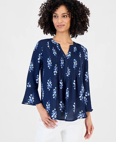Style & Co Petite Printed V-Neck Pintuck-Front Top, Macy's Exclusive