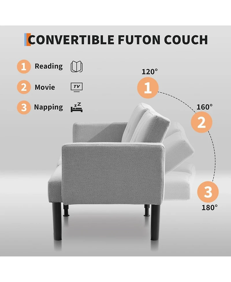 gaomon Convertible Futon Sofa Bed, 75.5” Linen Flannel Loveseat Couch Bed With Solid Wood Legs & 700lbs Capacity