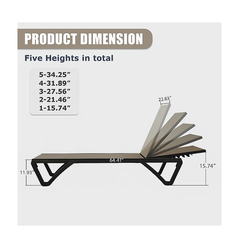 Clihome 2 Pcs Outdoor Lounge Chair, Aluminum Plastic Patio Chaise with 5 Position Adjustable Backrest and Wheels