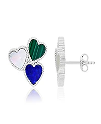 Macy's Mother of Pearl, Malachite and Lapis Tri-Heart Stud Earrings in Rhodium Over Sterling Silver