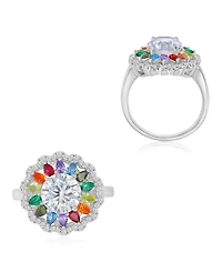 Macy's Multicolor Cubic Zirconia Large Flower Ring in Rhodium Over Sterling Silver