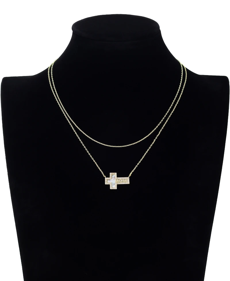Unwritten Cubic Zirconia and Mother of Pearl Mom Cross Pendant Layered Necklace Set