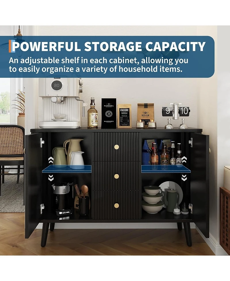 gaomon 47" Modern Fluted Sideboard Buffet Cabinet with 3 Drawers, Slim Kitchen Storage Cabinet, Wood Coffee Bar Station for Dining Room Living Ro