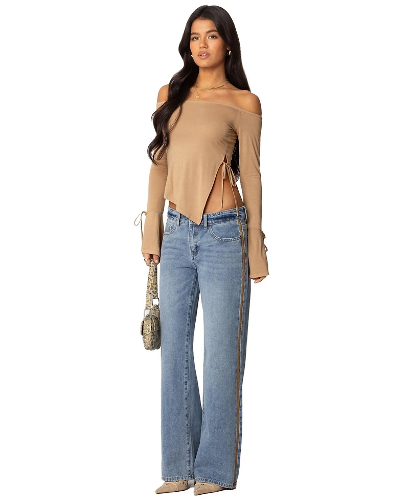 Edikted Women's Faux Suede Stripe Low Rise Straight Leg Jeans