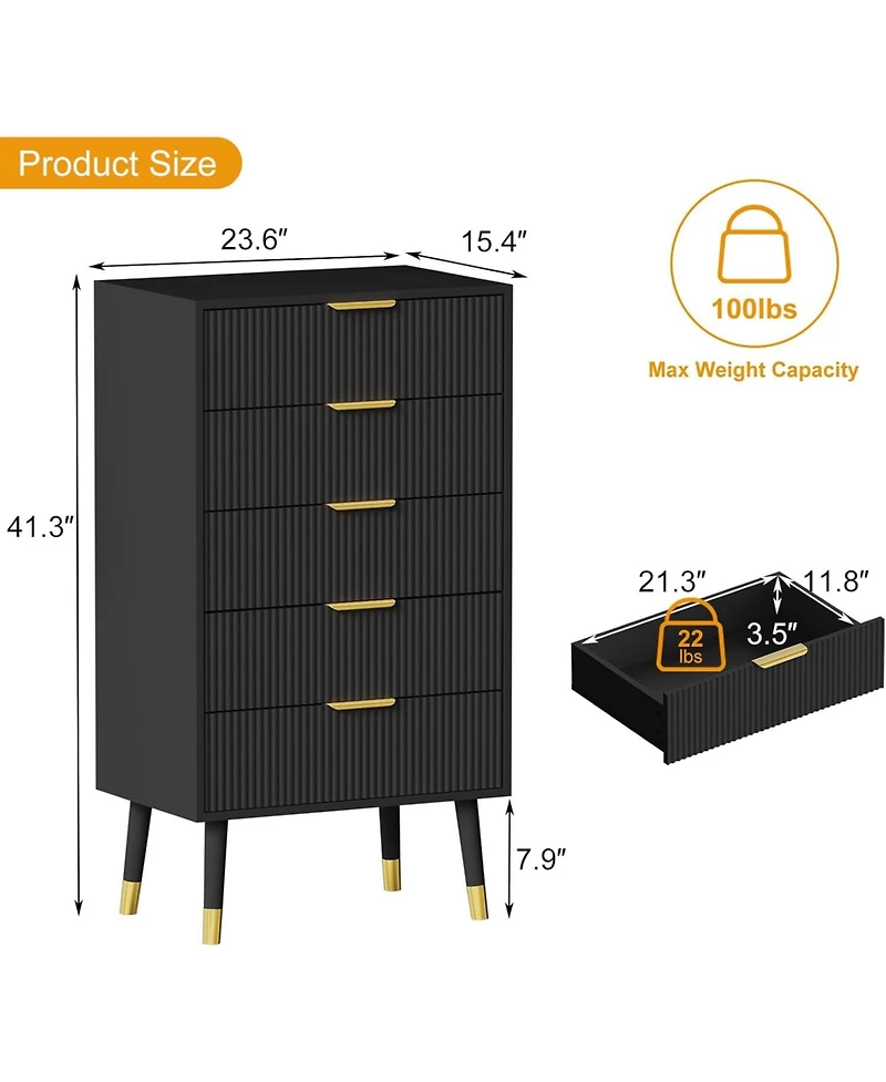 gaomon Fluted 5 Drawer Dresser Tall Dressers with Gold Metal Handles Small Storage Chest Cabinet Organizer Wood of Drawers