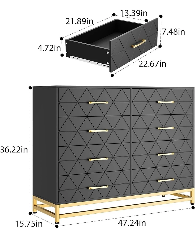 Gaomon 8-Drawer Wood Dresser with Gold Handles, Modern Chest of Drawers for Bedroom, Living Room or Closet Storage