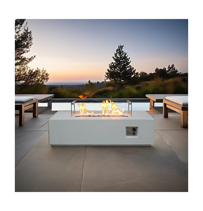 Flynama 52 Inch Outdoor Rectangle Concrete Propane Fire Pit Table Antique White Glass Fiber Reinforced Gfrc Adjustable Flame