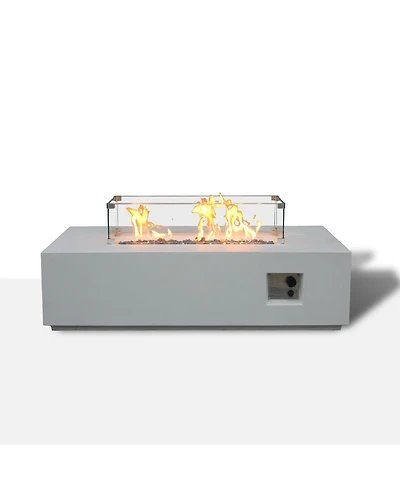 Flynama 52 Inch Outdoor Rectangle Concrete Propane Fire Pit Table Antique White Glass Fiber Reinforced Gfrc Adjustable Flame