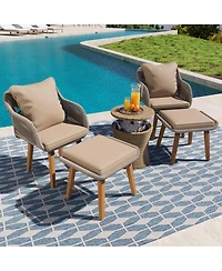 Flynama 5 Piece Brown Patio Conversation Set with Rope Weaving Chairs Cool Bar Table Ottomans for Porch Poolside