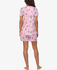 Cuddl Duds Women's Short-Sleeve V-Neck Top and Boxer Jersey, 2-Piece Pajama Set