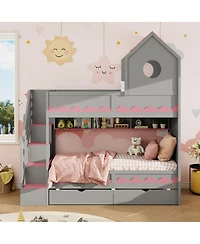 Streamdale Furniture Bed House and Drawer, Staircase, Led, Twin Over Twin