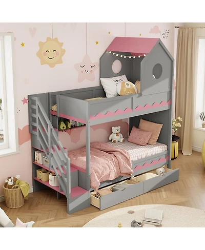 Streamdale Furniture Bed House and Drawer, Staircase, Led, Twin Over Twin