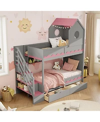 Streamdale Furniture Bed House and Drawer, Staircase, Led, Twin Over Twin