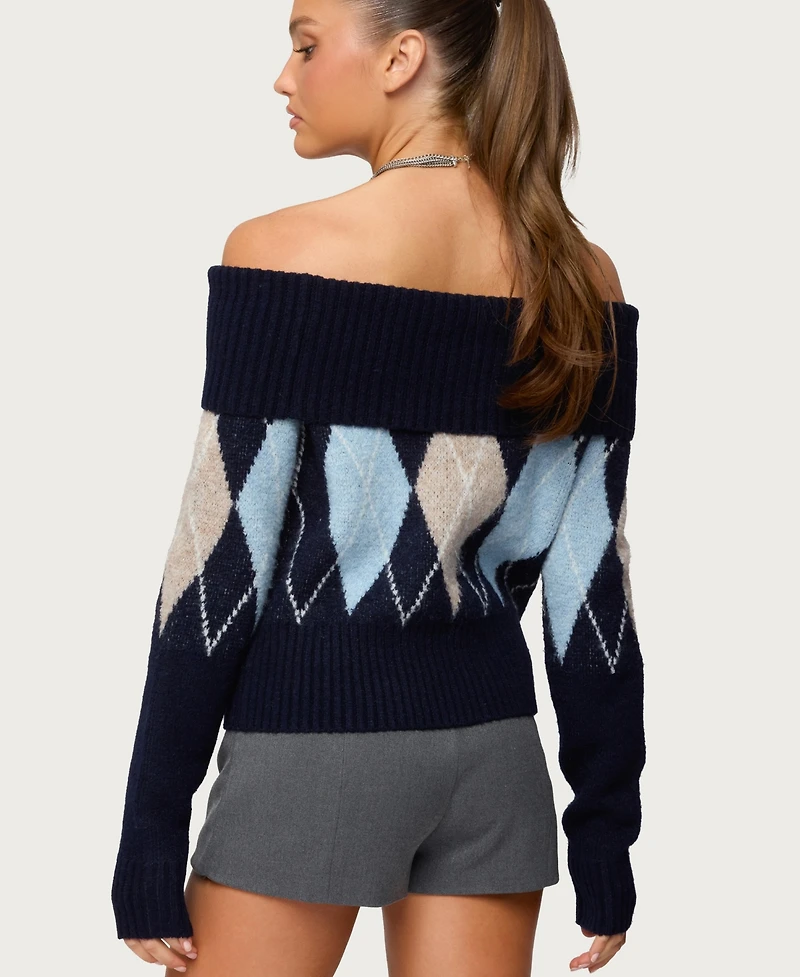 Edikted Women's Jakarie Argyle Foldover Sweater