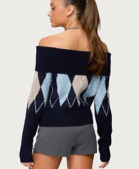 Edikted Women's Jakarie Argyle Foldover Sweater