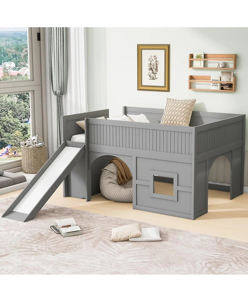 Streamdale Furniture Full Size Wooden Low Loft Bed with Storage, Slide, Door, Window