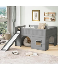 Streamdale Furniture Full Size Wooden Low Loft Bed with Storage, Slide, Door, Window