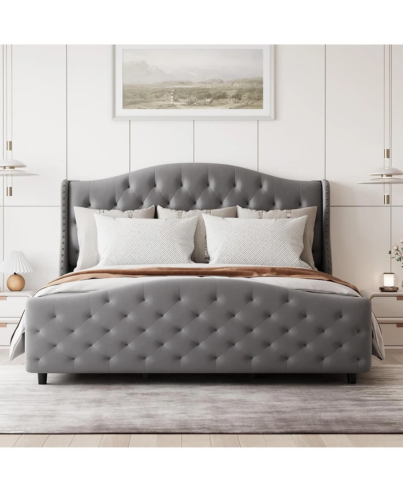gaomon Size Velvet Bed Frame with Headboard and Footboard, Tufted Wingback Headboard Upholstered Platform Bed Strong Wooden Slats Easy Assembly