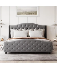 gaomon Size Velvet Bed Frame with Headboard and Footboard, Tufted Wingback Headboard Upholstered Platform Bed Strong Wooden Slats Easy Assembly