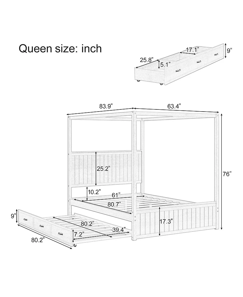 Streamdale Furniture Streamdale Modern Queen Size Canopy Platform Bed with Trundle and Three Storage Drawers