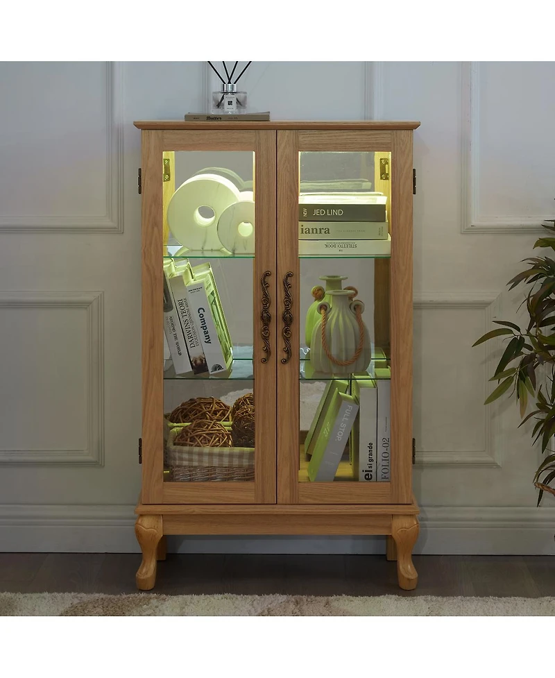 Streamdale Furniture Elegant Light Oak Curio Cabinet with Glass Doors, Led