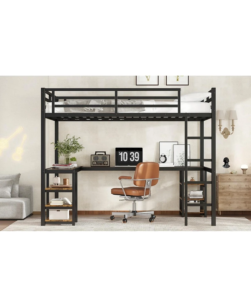 Streamdale Furniture Twin Xl Metal Loft Bed with Desk, Shelves, Ladder & Guardrails