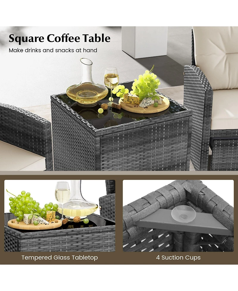 Gymax 5 Piece Patio Rattan Furniture w/ 2 Ottomans and Tempered Glass Coffee Table Outdoor