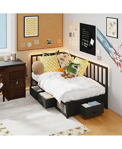 Streamdale Furniture Corner Bed Frame Twin Daybed with Storage Drawers & Led Light