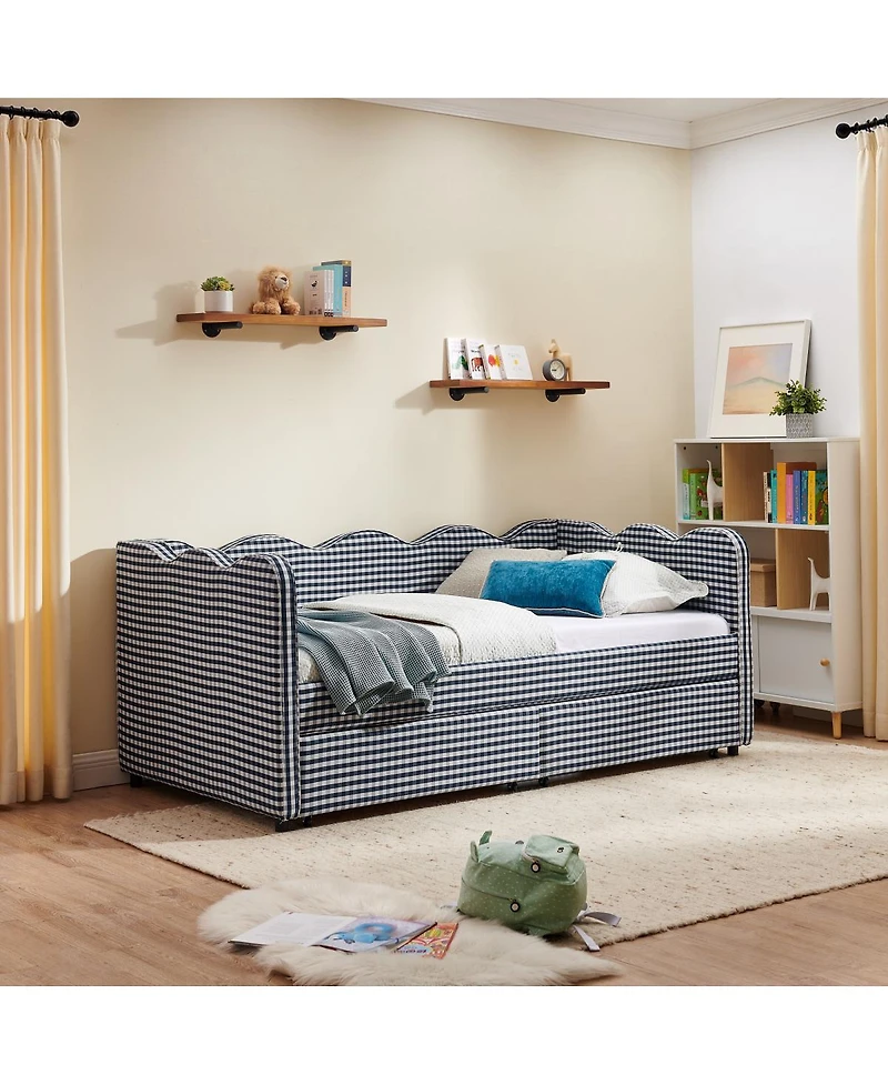 Streamdale Furniture Twin Size Gingham Daybed w/ 2 Drawers, Usb Port & Wave Shape