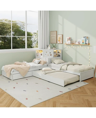 Streamdale Furniture L-Shaped Twin Bed Frame w/ Trundle, Drawer, Desk & Led