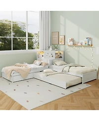 Streamdale Furniture L-Shaped Twin Bed Frame w/ Trundle, Drawer, Desk & Led