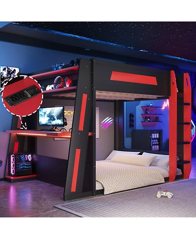 Streamdale Furniture Wooden Gaming Bunk Bed with Desk, Usb & Led Lights
