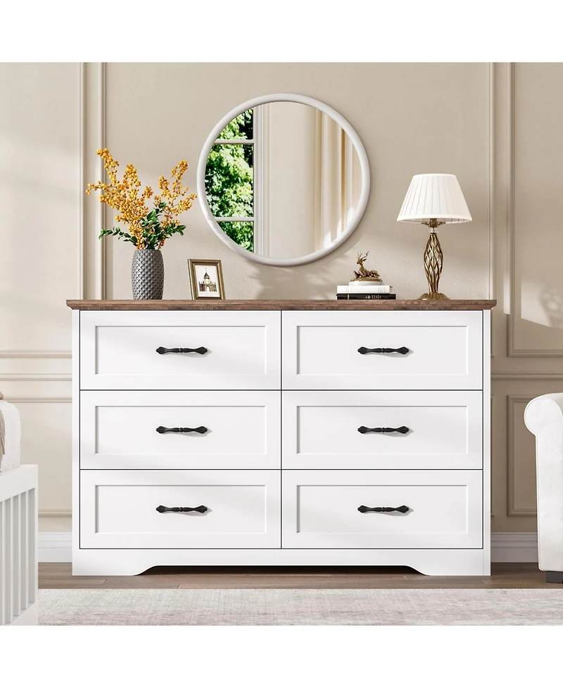 Gaomon 6-Drawer Dresser, Farmhouse Wooden Storage Chest with Wide Handles for Bedroom, Living Room