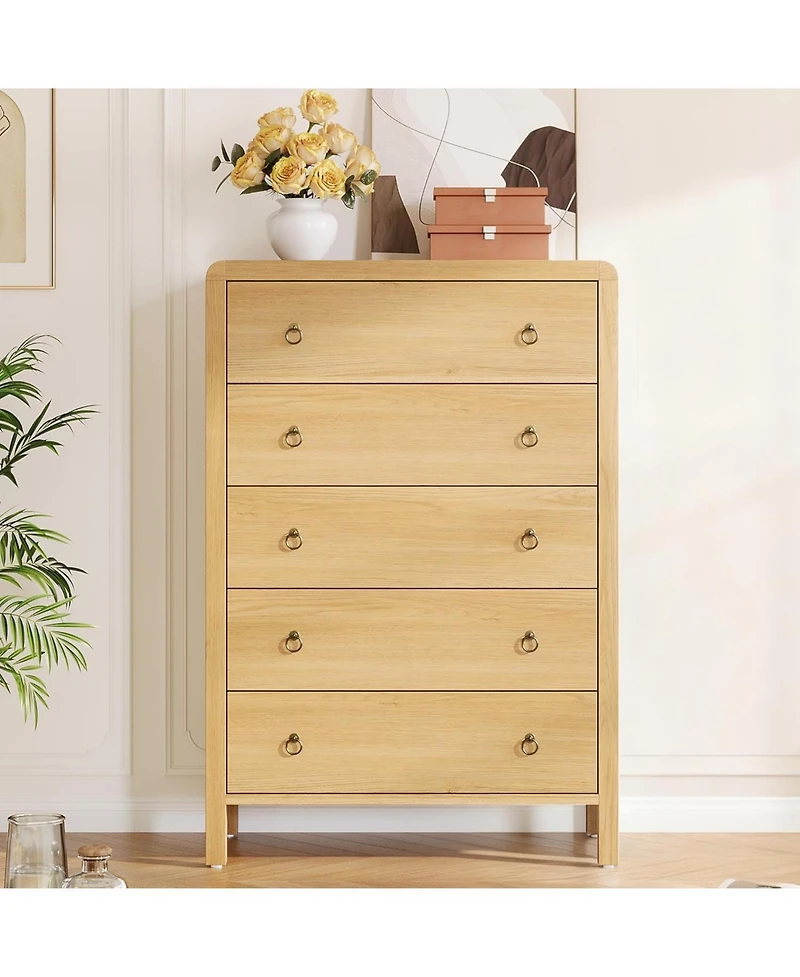 Gaomon 5 Drawer Tall Dresser, Oak Finish Storage Chest with Gold Ring Pulls