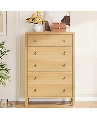 Gaomon 5 Drawer Tall Dresser, Oak Finish Storage Chest with Gold Ring Pulls
