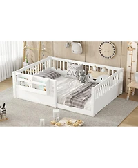 Streamdale Furniture Full Floor Bed with Fence and Bookshelf, Wood Kids Bed