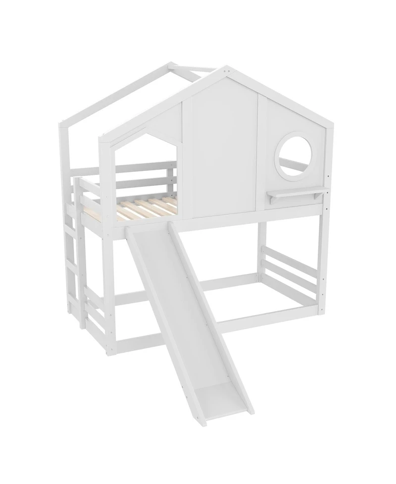 Streamdale Furniture Twin House Bunk Bed with Slide & Storage Shelves, Solid Wood Loft Bed