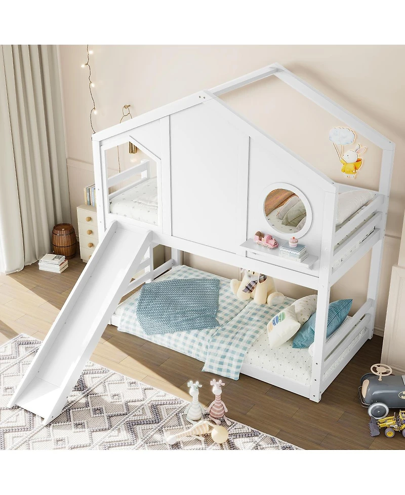 Streamdale Furniture Twin House Bunk Bed with Slide & Storage Shelves, Solid Wood Loft Bed