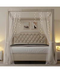 gaomon Queen Upholstered Canopy Bed Frame with Button Tufted Headboard and Nailhead Trim Design, Sturdy Platform Bed, No Box Spring Required