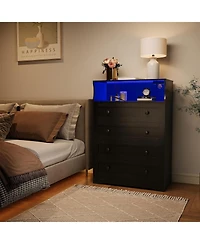 gaomon Tall Dresser for Bedroom with Led Lights & Charging Station, 4 Drawer Wood Chest of Drawers for Closet, Living Room, Hallway