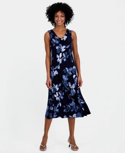 Robbie Bee Womens Printed Drape Neck Sleeveless Midi Dress