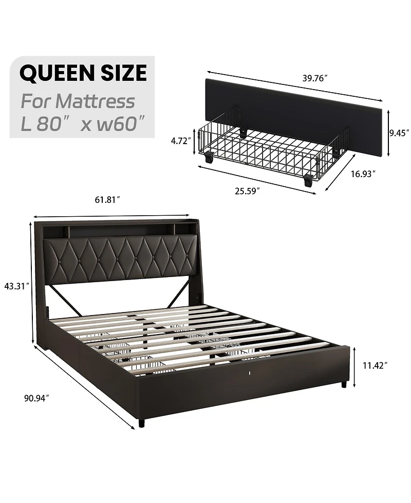 Streamdale Furniture Bed Frame with Ergonomic Headboard, Outlets, Led Light & Shelf